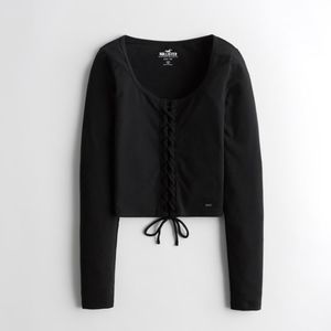 Hollister Black Long Sleeve Lace Up T-Shirt Cardigan Cropped Size M Medium